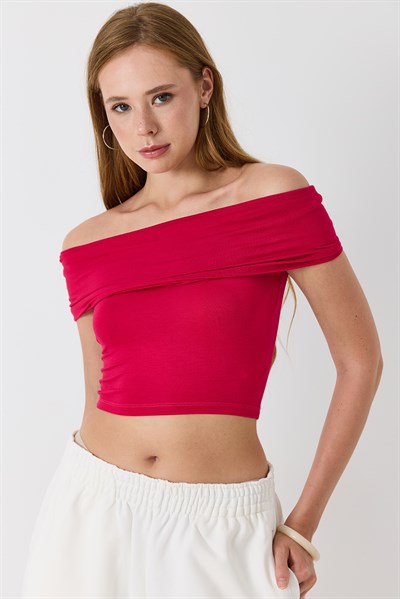 Kadın Madonna Yaka Penye Crop Bluz
