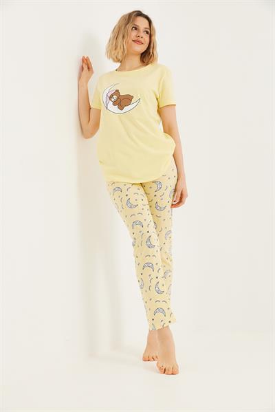 Baskılı Kısa Kol Pijama Takım Sarı
