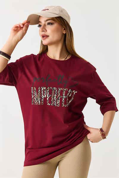 Kadın Bol Kesim Bisiklet Yaka Kısa Kol Tshirt Bordo