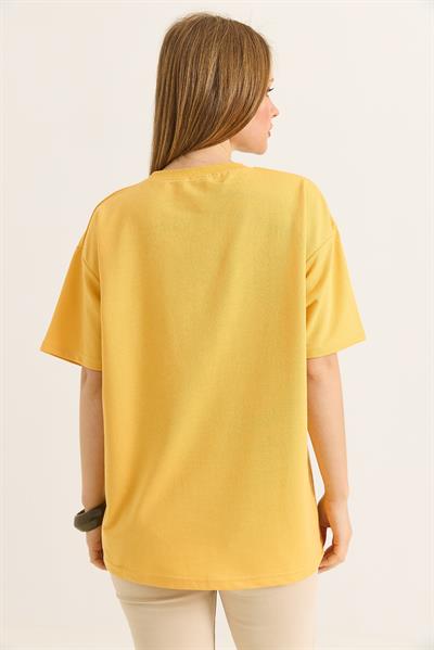 Kurdele Baskı Detaylı Basic TShirt  Sarı