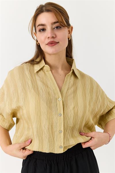 Kadın Beli Büzgülü Crop Bol Kesim Gömlek  Yağ Yeşili