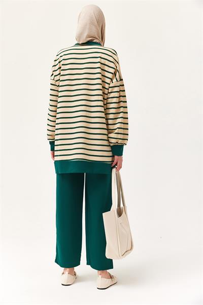 Yakası Düğmeli Çizgili İkili Takım Yeşil