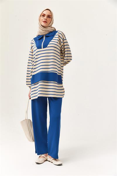 Fermuarlı Çizgili Gömlek Yaka Takım Lacivert