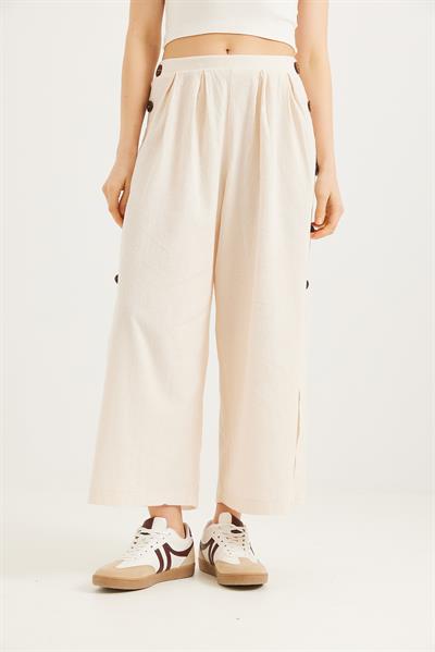 Yanları  Düğmeli  Bol Kesim Keten Pantolon  Krem