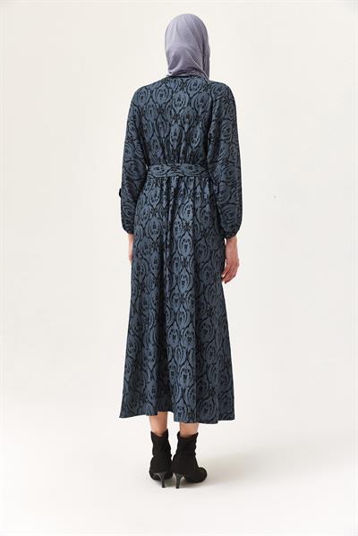 Desenli Bel ve Bilek Lastikli Elbise İndigo