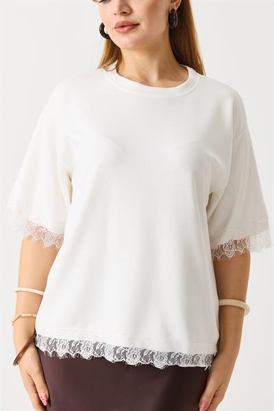 Kadın Kolları Ve Eteği Dantel Detaylı  Düz Modal Tshirt Beyaz