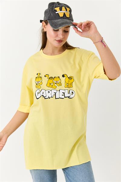 Kadın Garfield Baskılı Yanları Yırtmaçlı Bisiklet Yaka Tshirt Sarı