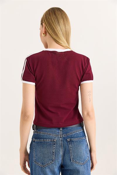 Bisiklet Yaka Şerit Detaylı Crop Tshirt Bordo