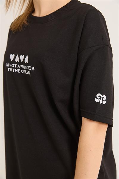 Bisiklet Yaka Baskılı Oversize Tshirt Siyah