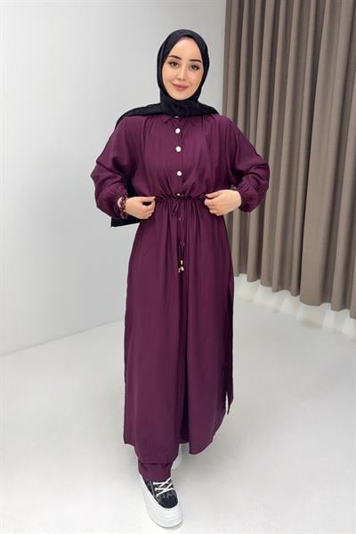 Kadın Beli Tünelli Düğmeli Uzun Tunikli İkili Takım Burgonya
