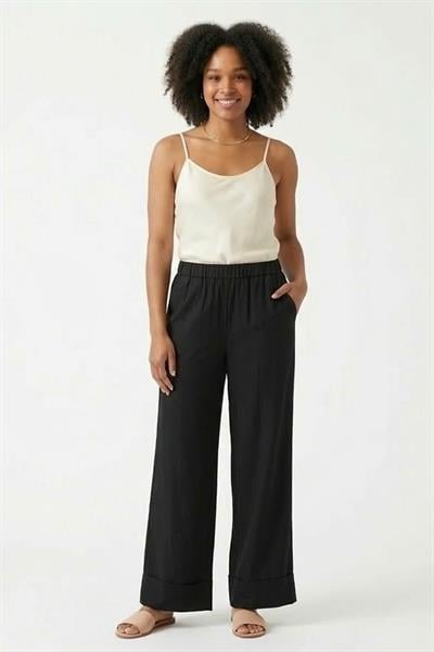 Kadın Beli Lastikli Rahat Kesim Geniş Paça Pantolon Siyah