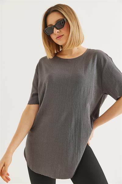 Bisiklet Yaka  Kısa Kol Basic Tshirt Gri