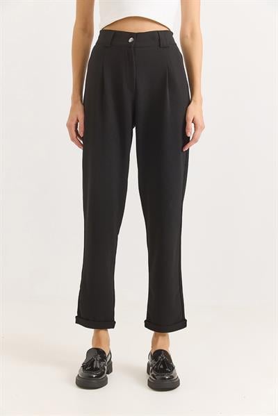 Beli Lastikli Katlı Paça Kadın Pantolon Siyah