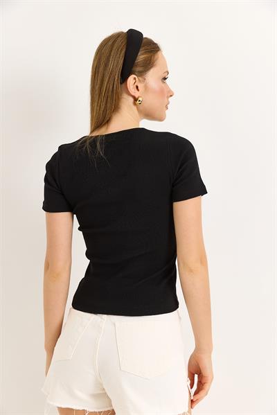Yaka V detay Kısa Kol Kaşkorse Siyah