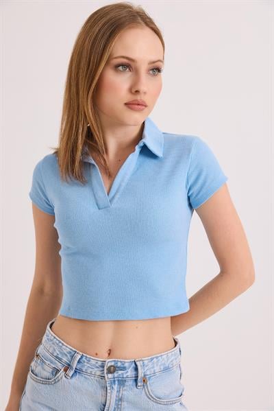 Polo Yaka Basıc Kısa Kollu Örme Kaşkorse Crop Bluz Mavi