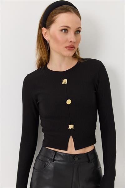 Kadın Yırtmaçlı Düğmeli Kaşkorse Uzun Kollu Bluz Siyah
