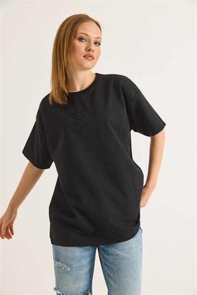 Alo Nakışlı Oversize Unisex Tshirt Siyah