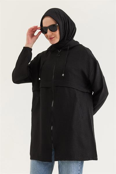 Araboy Kapşonlu Keten Kap Siyah