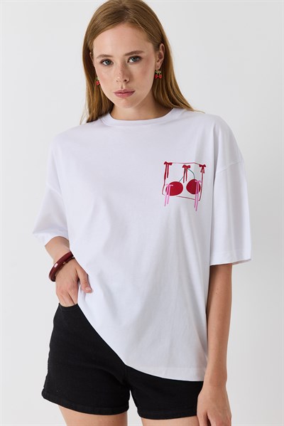 Kadın Bisiklet Yaka Kısa Kol Basic Tshirt Beyaz