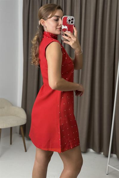 Taş Baskılı Mini Elbise Kırmızı