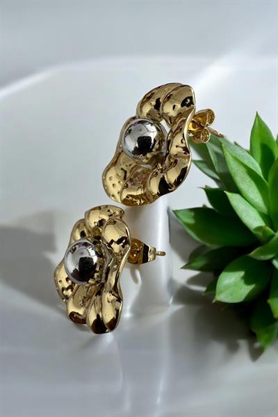 Asimetrik Taşlı Altın Kaplama Gold Küpe