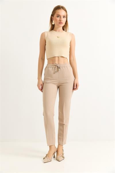 Beli Lastikli Çizgi Desenli Krep Pantolon Vizon