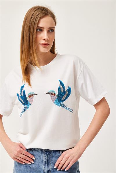 Kuş Baskılı Taş Detaylı Tshirt Ekru