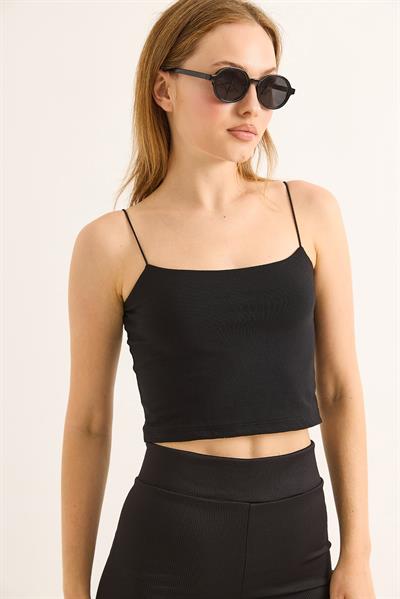 İp Askılı Crop Bluz Siyah