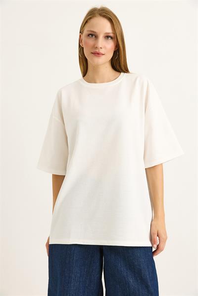 Sırt Baskılı Oversize Bisiklet Yaka Tshirt Beyaz