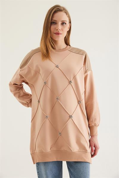 Deri Garnilli Taşlı İki İp Tunik Vizon