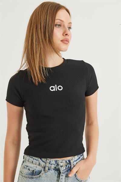 Bisiklet Yaka Alo Nakışlı Fitilli Crop Bluz Siyah