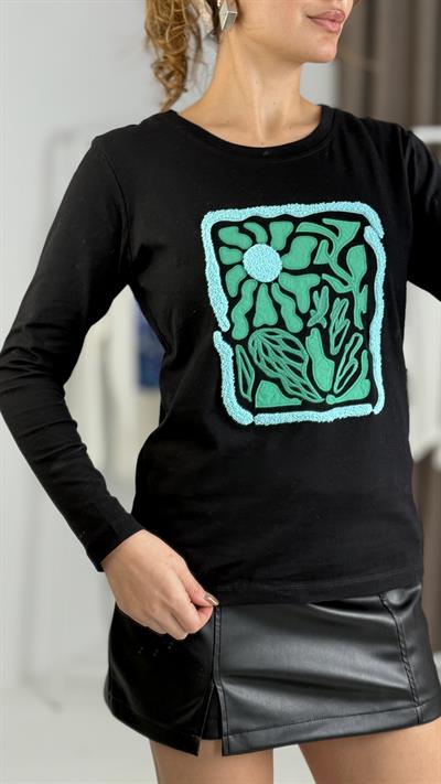 Kadın Siyah Yeşil  Baskılı Uzun Kollu Tshirt