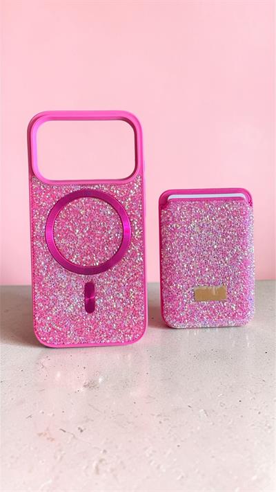 İphone 17 ProUyumlu Parlak ve Taşlı Kart Bölümlü Kılıf Pembe