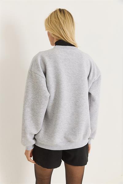 Kadın Üç İplik Leopar Baskılı Sweatshirt Gri