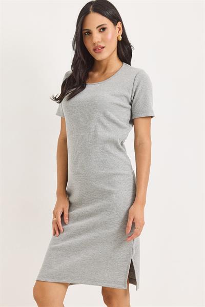 Kısa Kol Bisiklet Yaka Yırtmaç Detaylı Midi Elbise Gri