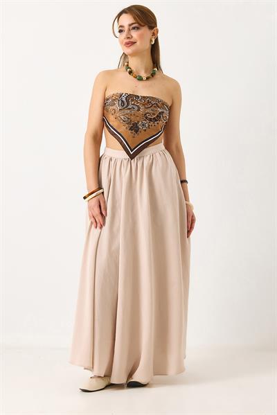 Kadın Yandan Fermuarlı Cepli Uzun Etek Bej 