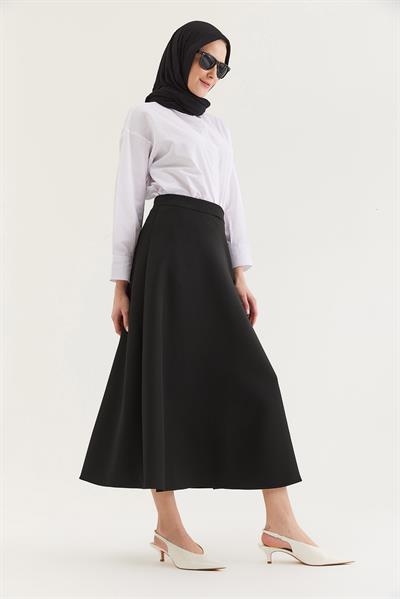 Beli Lastikli Kadın Kloş Etek Siyah