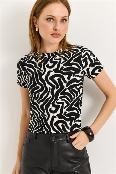 Zebra Desen Fitilli Örme Kumaş Siyah Bluz