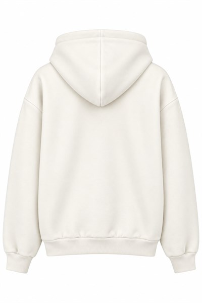 Kadın Baskılı Oversize Kapüşonlu Cep Detay Sweatshirt Beyaz