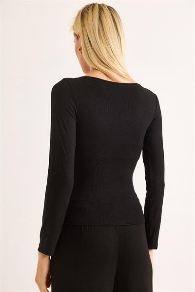 Geniş Yaka Rahat Uzun Kollu Bluz Siyah