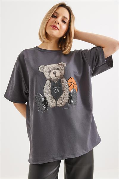 Ayıcık Baskılı Bisiklet Yaka Tshirt Füme