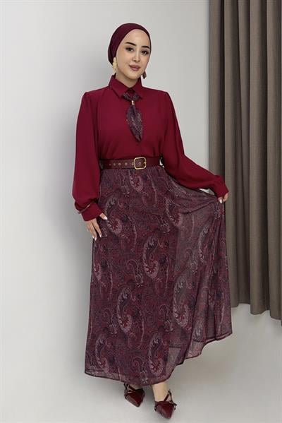Kadın Kemerli Şifon Etek Üstü Gömlek Fularlı Takım Bordo