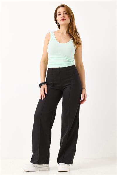Yüksel Bel Dikiş Detaylı Spor ve Şık Likralı Örme Pantalon Siyah