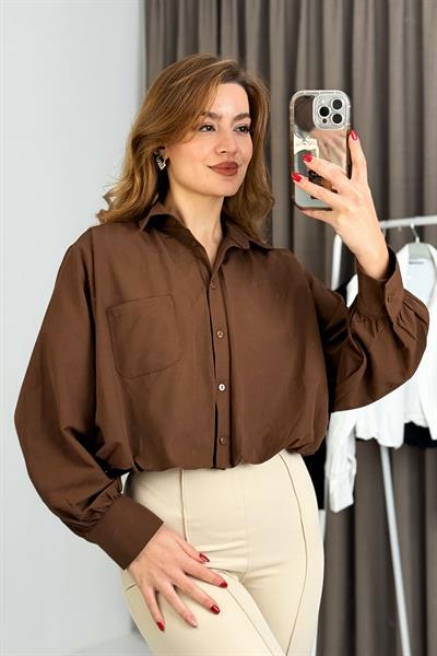 Kadın Balon Model Crop Şık Gömlek Kahverengi