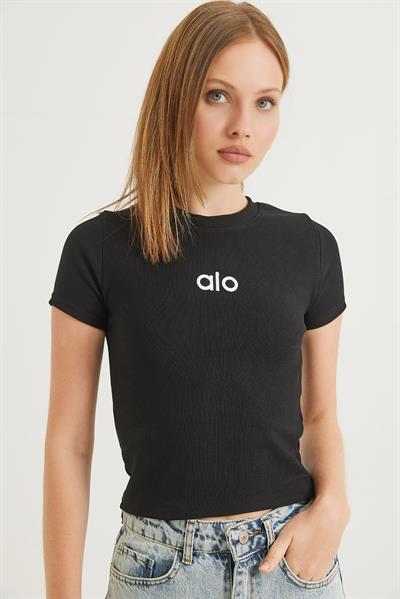 Bisiklet Yaka Alo Nakışlı Fitilli Crop Bluz Siyah