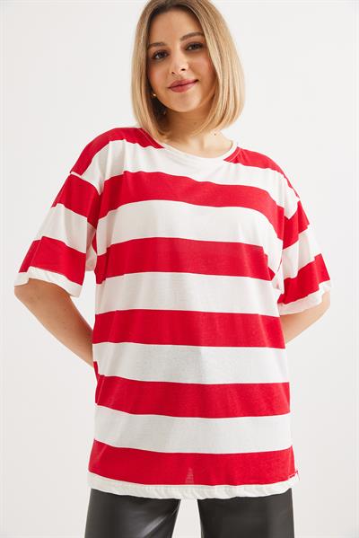 Bisiklet Yaka  Çizgili Basic Tshirt Kırmızı