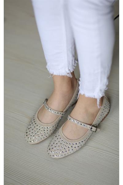 Tek Bant Taş Detaylı Kadın Babet Vizon