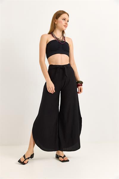 Bağlamalı Bol Paça İspanyol Pantalon Siyah