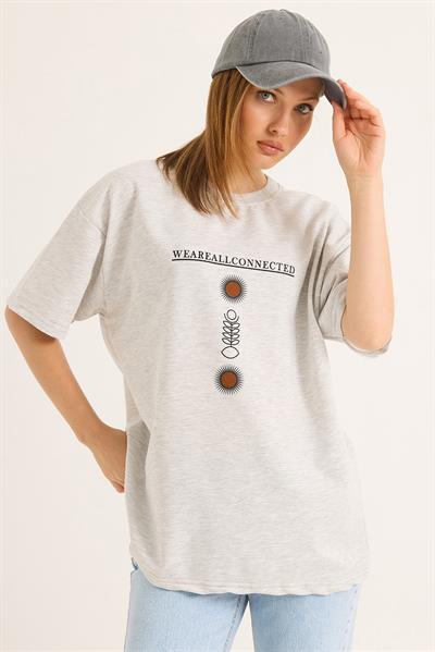 Bisiklet Yaka Kısa Kol Baskılı Tshirt Gri