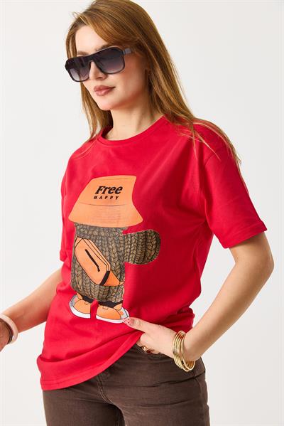 Kadın Baskılı Bisiklet Yaka Kısa Kol Tshirt Kırmızı